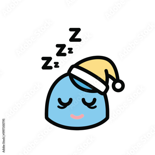 Sleeping Blue Cartoon Character Wearing Santa Hat.