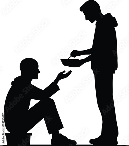 Silhouette of one person giving food to another symbolizing charity compassion and helping the needy isolated on white