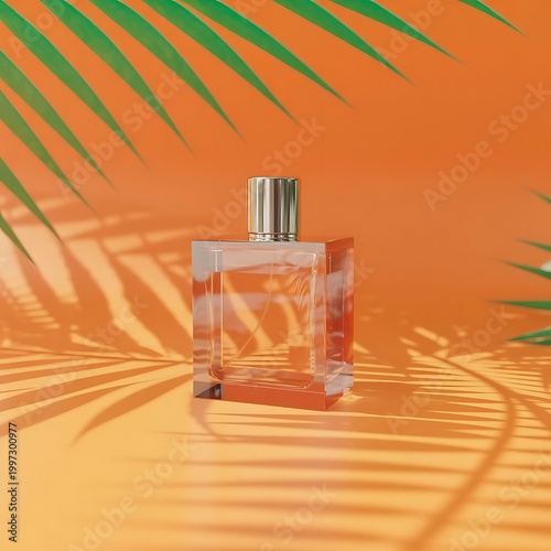 Transparent bottle of perfume on an orange background. Fragrance presentation with daylight. Trending concept in natural materials palm leaves shadow. Women's and men's essence.