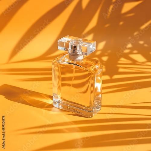 Transparent bottle of perfume on an orange background. Fragrance presentation with daylight. Trending concept in natural materials palm leaves shadow. Women's and men's essence.