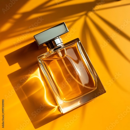 Transparent bottle of perfume on an orange background. Fragrance presentation with daylight. Trending concept in natural materials palm leaves shadow. Women's and men's essence.