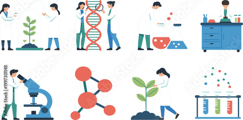 Professional set of flat design laboratory research icons featuring scientists working with DNA biology plants and chemical experiments for science and education concept vector