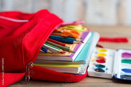 Backpack Filled With School Supplies Including Colored Pencils and Notebooks ...