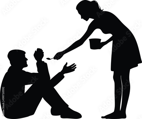 Silhouette of a woman feeding a homeless man symbolizing charity and compassion isolated on white background for social awareness concepts