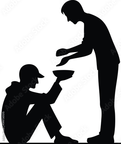 Silhouette of a person giving food to a beggar concept of charity and compassion simple vector illustration on white background