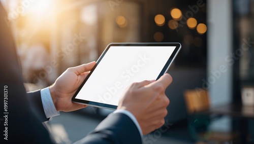businessman holding digital tablet that is blank