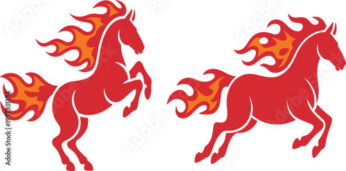 Foto Professional set of red fire horse silhouette icons with flame manes and tails f