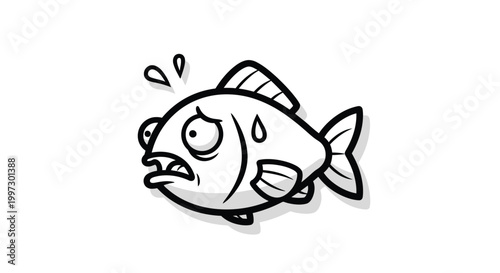 Stressed cartoon fish with sweat drops.