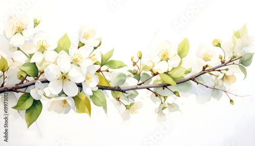 Delicate Watercolor Blossom Branch on White Background