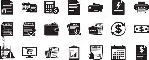 Invoice icon set with billing document symbols for payment receipt accounting and finance tasks