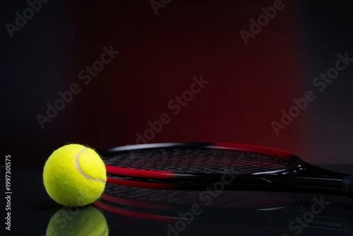 Tennis Ball and Racket Resting on Court Surface in Training Session at Indoor...