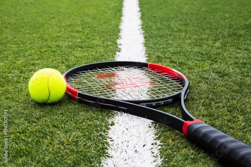 Tennis Racket and Ball Placed on Green Court With White Line on Sunny Day