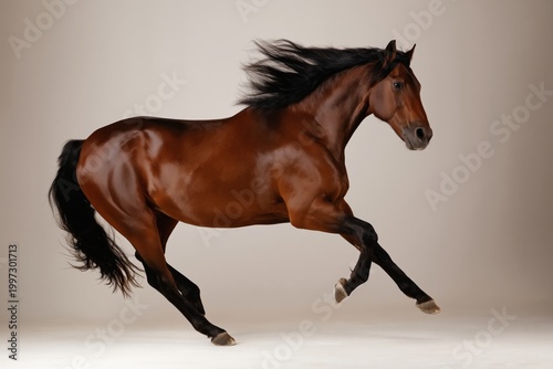 Brown Horse Runs Gracefully Against a Plain Background in a Studio Setting