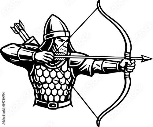 Medieval archer aiming bow and arrow vector illustration