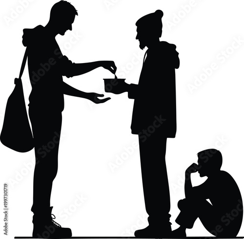 Silhouette of a person giving food to a homeless man with another person sitting alone symbolizing charity and social issues vector illustration