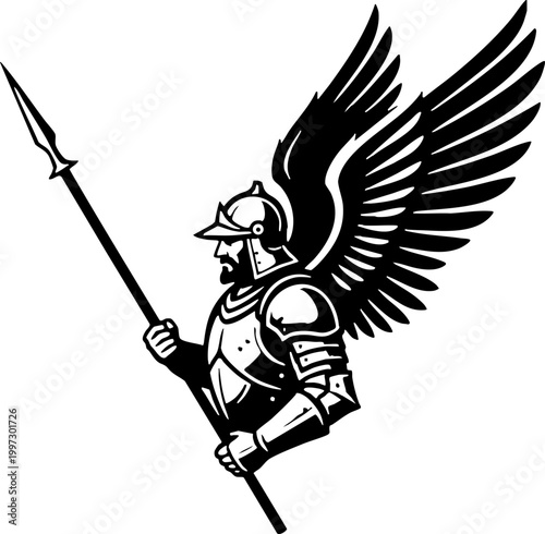 Medieval winged knight warrior with spear black and white illustration