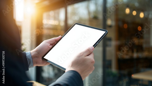 man using blank tablet computer
