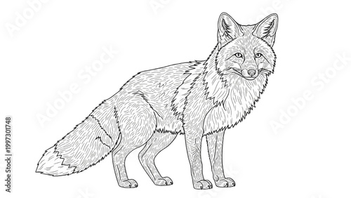Detailed 2D AutoCAD illustration of a standing red fox with fur.