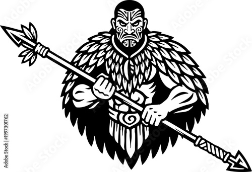 Maori Warrior Mascot Holding a Spear Vector Illustration