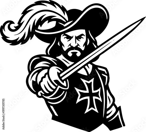 Black and white musketeer mascot illustration with sword