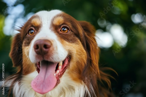 Cute Brown and White Dog With Happy Expression Enjoying Outdoors With Green B...
