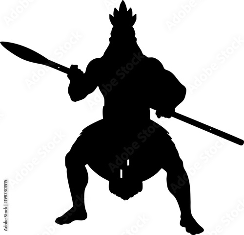 Powerful warrior silhouette with spear on white background
