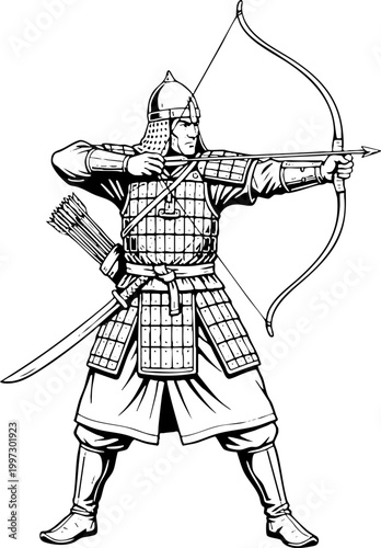 Medieval Archer Warrior Aiming Bow Line Art Illustration