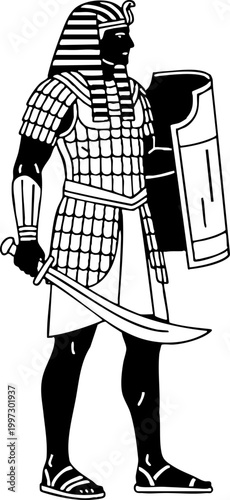 Ancient Egyptian Warrior with Sword and Shield Line Art Illustration