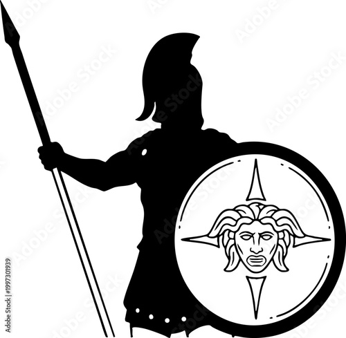 Spartan warrior silhouette with spear and shield featuring Medusa