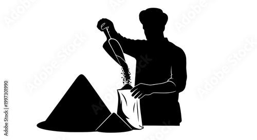 Silhouette of a Person Filling a Bag with Granular Material.