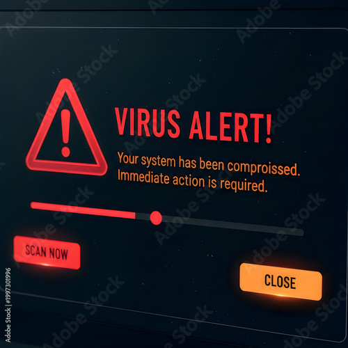 Cybersecurity threat virus alert on computer screen immediate action required