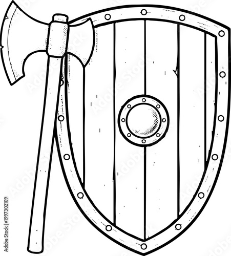 Medieval wooden shield and battle axe line art illustration