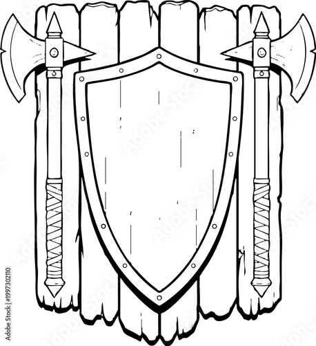 Medieval shield and battle axes on wooden plank line art