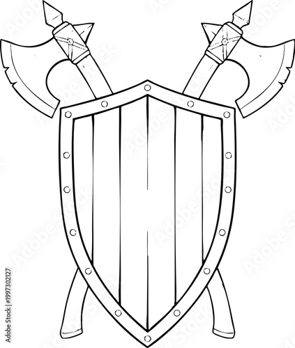 Medieval Shield and Crossed Battle Axes Heraldic Line Art