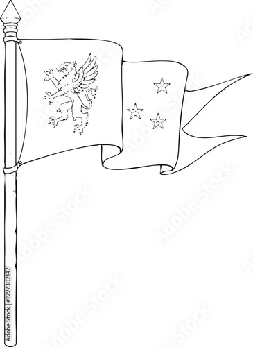 Heraldic Flag with Lion and Stars Sketch Line Art