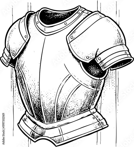 Vintage engraving of medieval knight body armor breastplate