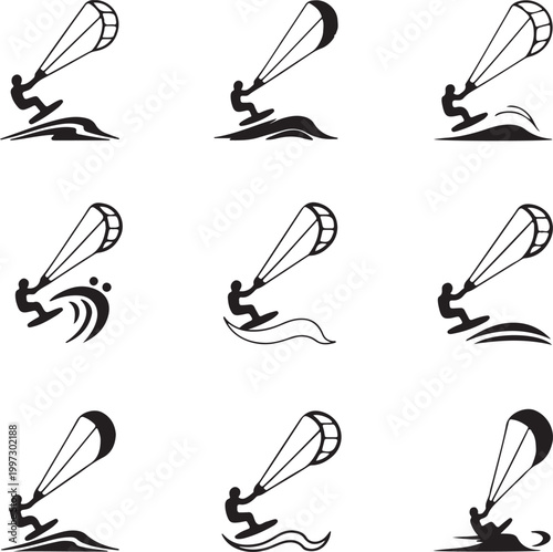 Traveler kite surfing on beach wave line and filled vector icon set
