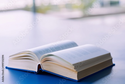 Open Book on a Blue Background Displaying Pages in a Reading Setting