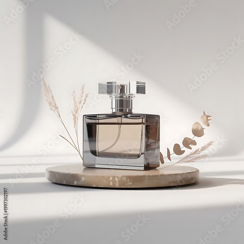 Transparent bottle of perfume on stone plate on a white background. Fragrance presentation with daylight. Trending concept in natural materials with dry plant. Women's and men's essence.