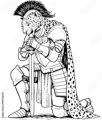 Kneeling leopard knight in armor with sword fantasy line art