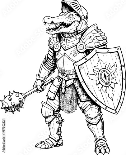 Fantasy Crocodile Knight in Medieval Plate Armor with Mace and Shield