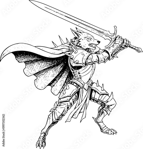 Wolf Knight in Fantasy Armor with Sword Ink Illustration