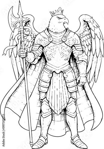 Mythical Eagle Warrior Knight in Full Armor Line Art Illustration