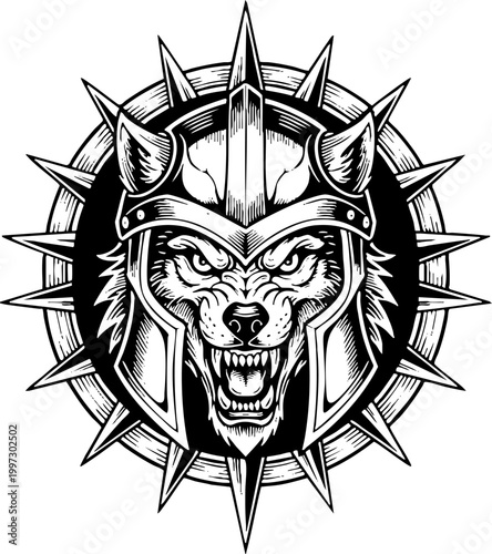 Fierce Wolf Warrior in Medieval Knight Helmet Mascot Illustration