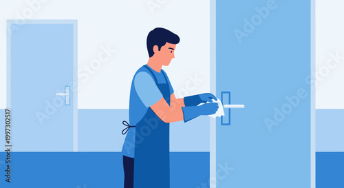 Man in apron and gloves cleaning door handle with disinfectant wipe for hygiene
