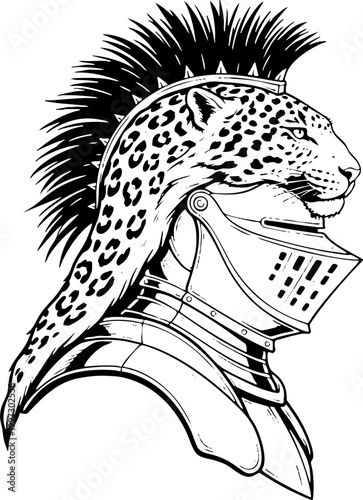 Fantasy knight with leopard helmet and mohawk illustration