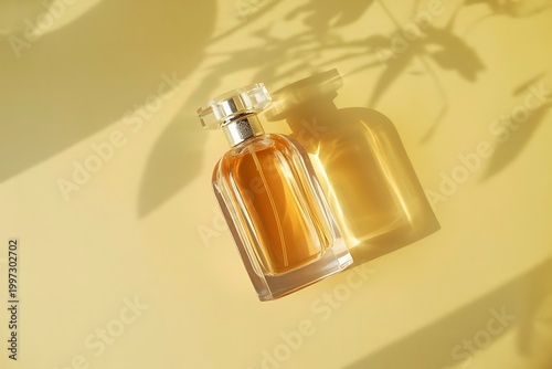 Transparent bottle of perfume on a yellow background. Fragrance presentation with daylight. Trending concept in natural materials with beautiful shadow. Women's essence.