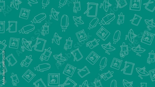 Seamless Pattern Technology Satellite USB Music Player Retro. Minimal Doodle Illustration with Playful Style.