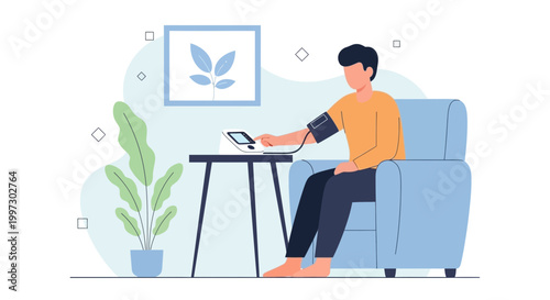 Man measuring blood pressure at home, health check, self-care, modern living room
