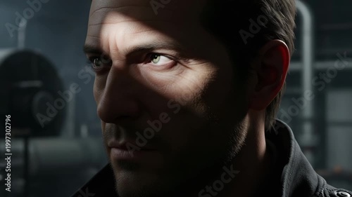 Dramatic dark portrait of a man's eye in deep shadow.
